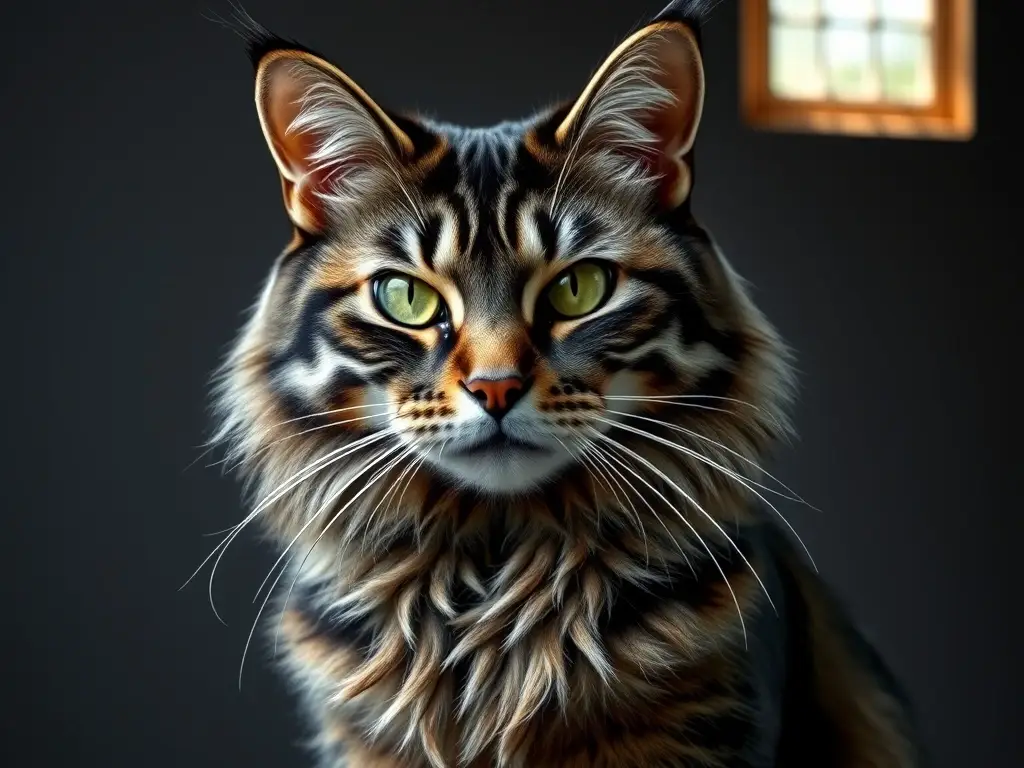 Foto realista de un gato siberiano majestuoso con ojos verdes en un fondo gris