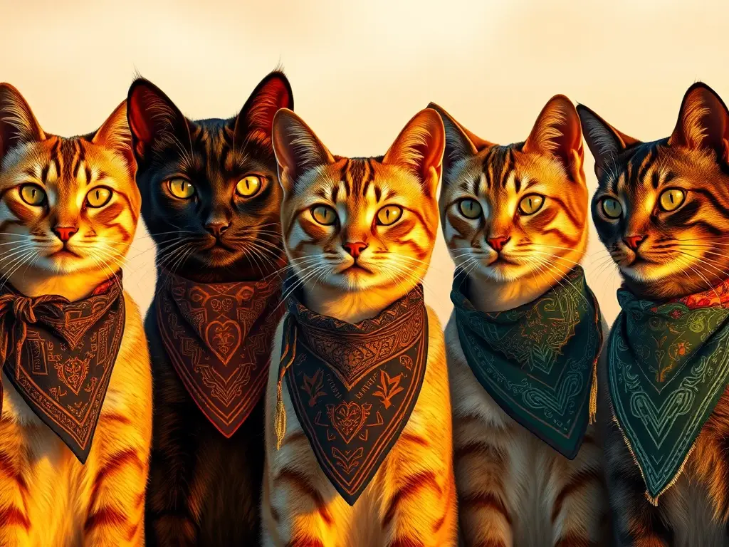 Un grupo de gatos majestuosos, de diferentes razas, lucen bandanas y te llenan de encanto