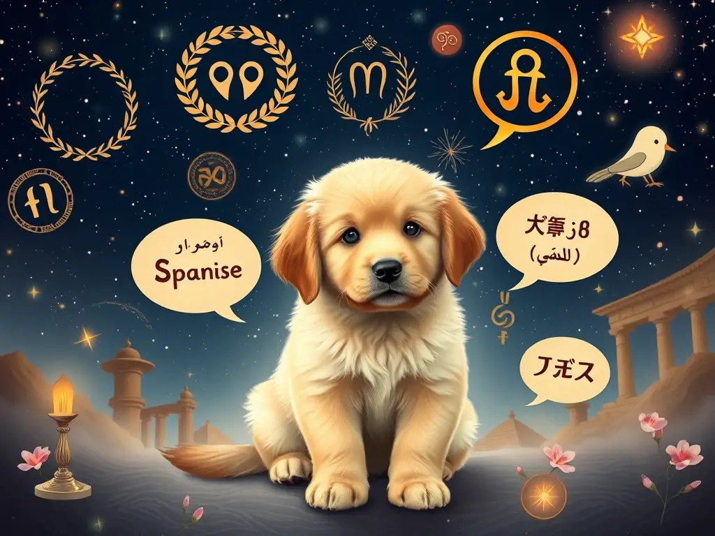 Cachorro dorado en escena mitológica celestial