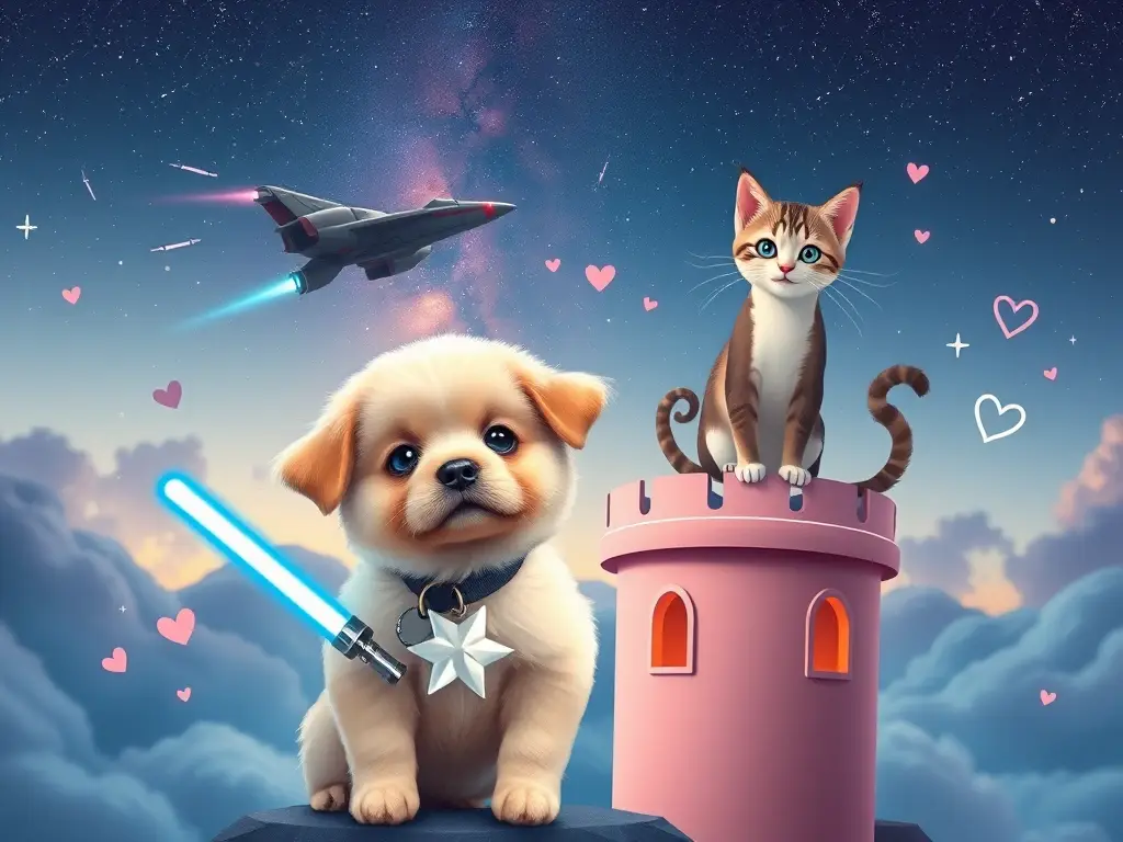 Collage pop‑cultura con perrito, gatito y nave