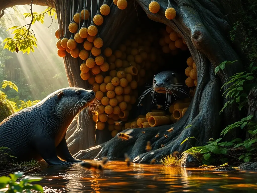 Nutria gigante vigila colmenas en árbol antiguo