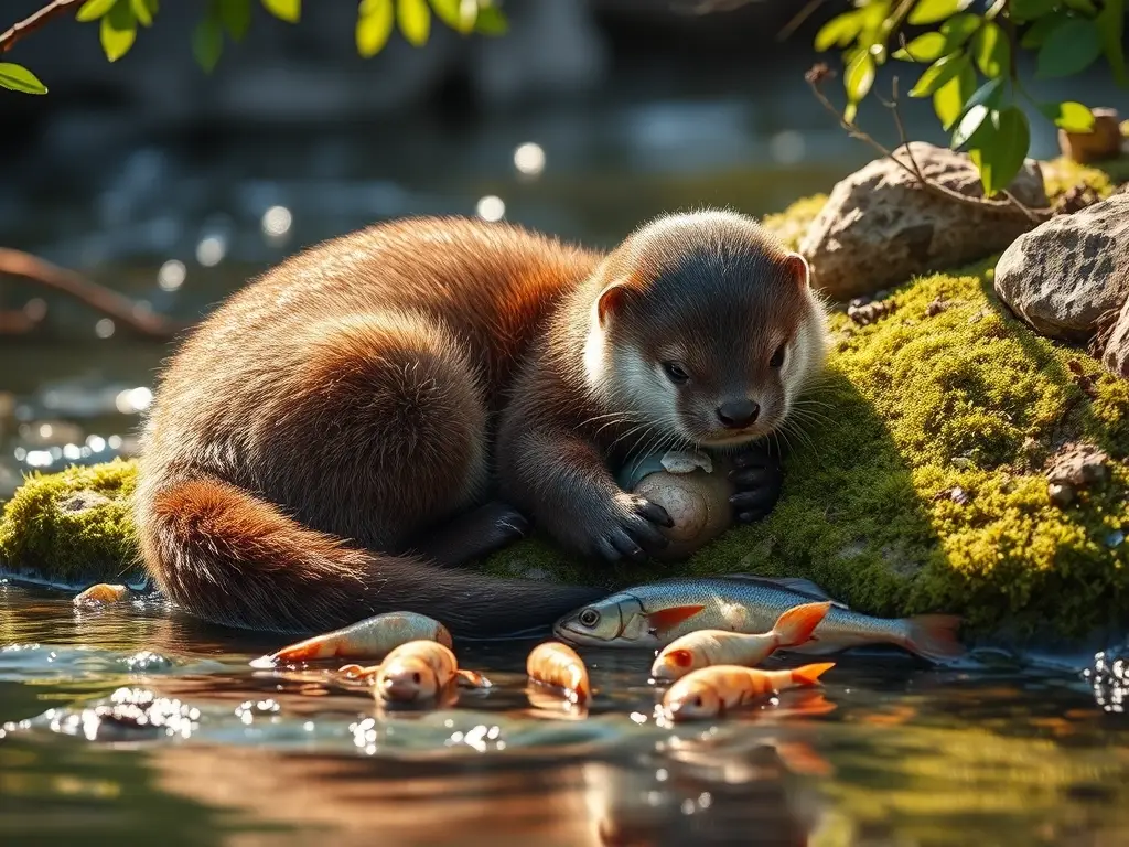 Nutria madre amamanta a su cría