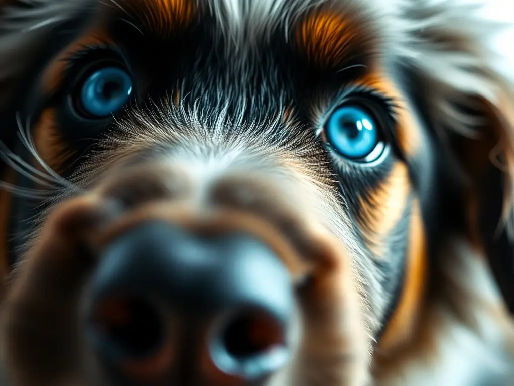 Un perro con ojos azules brillantes en un retrato realista
