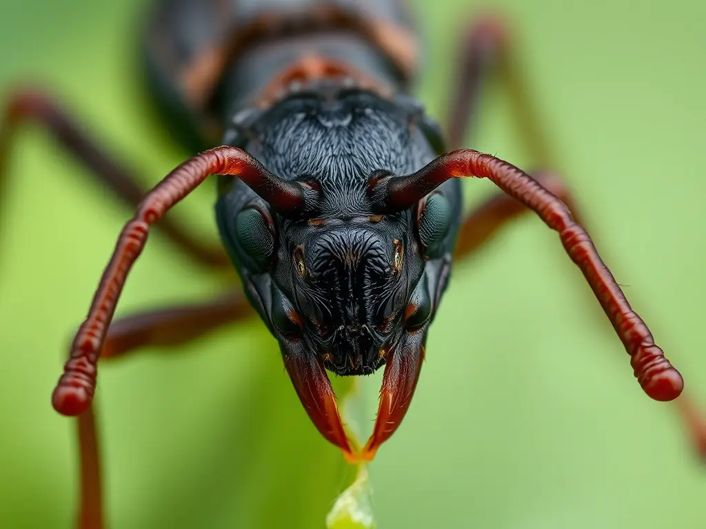 Fotografía realista de una hormiga que come hojas, con detalles detallados
