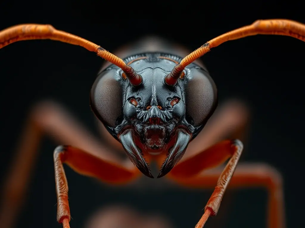 Fotografía realista de un hormiga con ojos complejos y antenas, sin texto ni marca