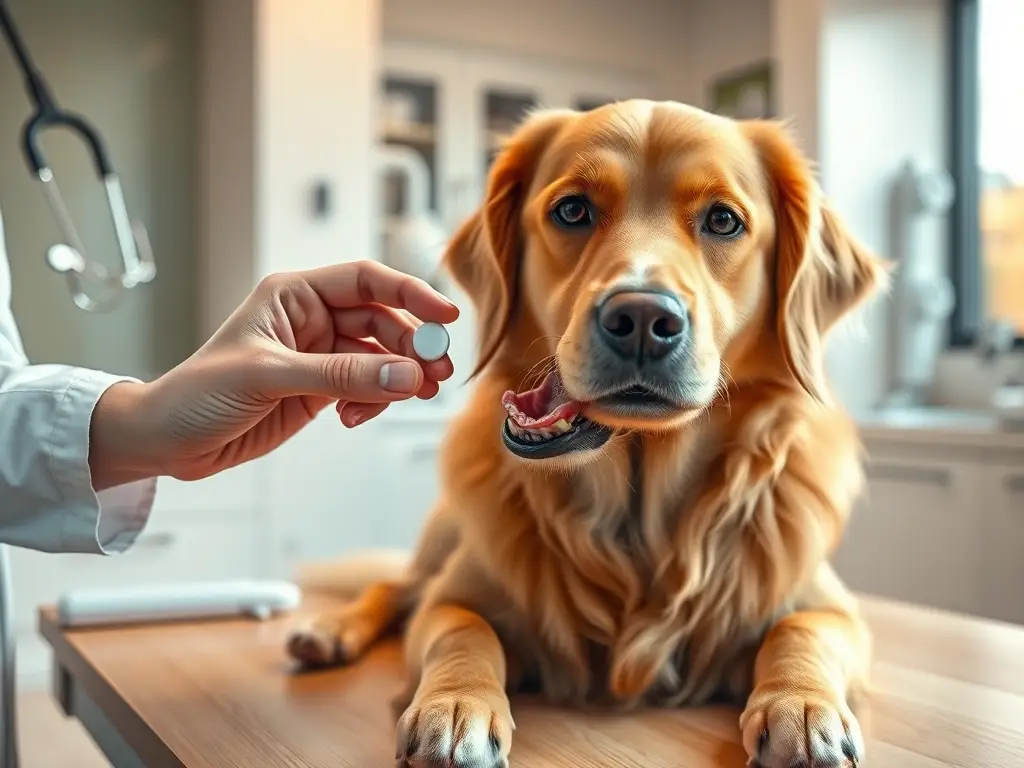 Veterinario brinda pastilla a golden retriever