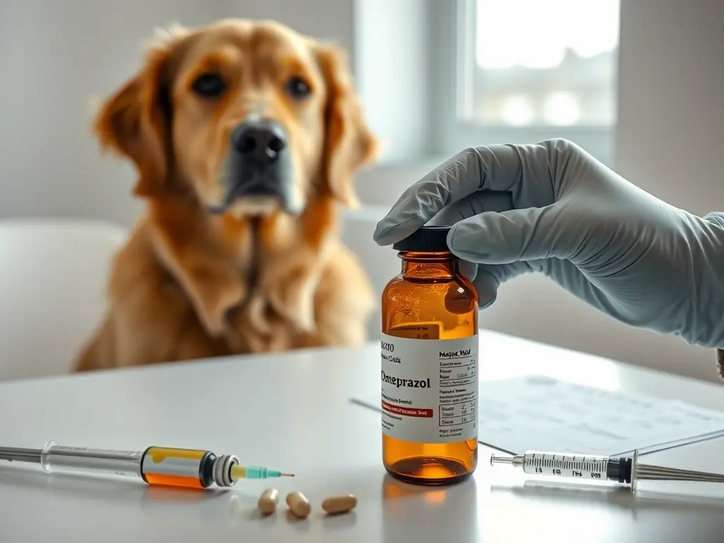 Perro golden en consulta veterinaria con medicamento
