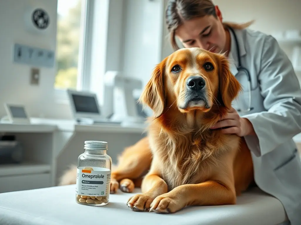 Veterinario amable examina perro sano con medicamento