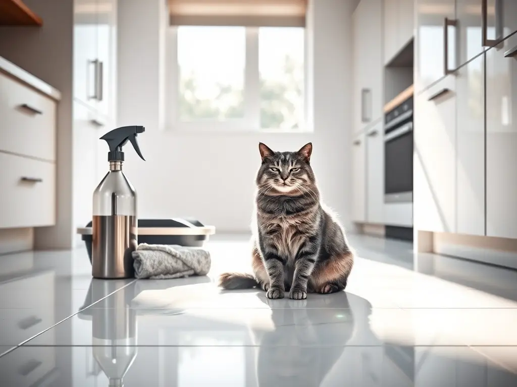 Cocina moderna impecable, gato relajado, orina neutralizada