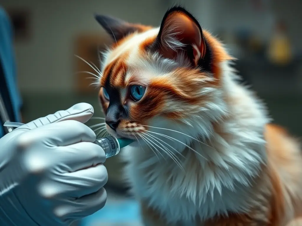 Fotografía artística realista de un veterinario limpiando la uretra de un gato persa