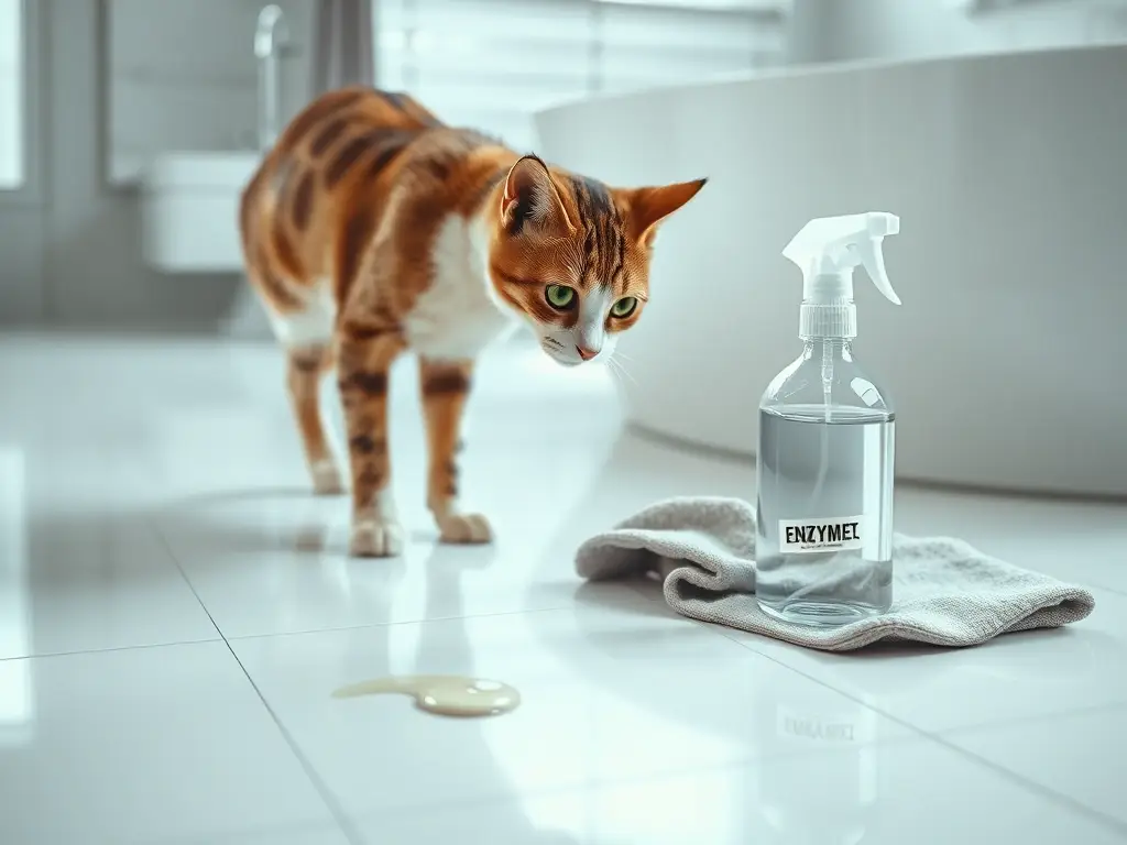 Gato mira gota de orina y limpiador