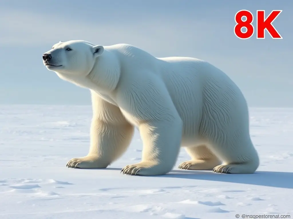 Ilustración fotográfica realista de un polar con características sub-especie, en un paisaje ártico congelado