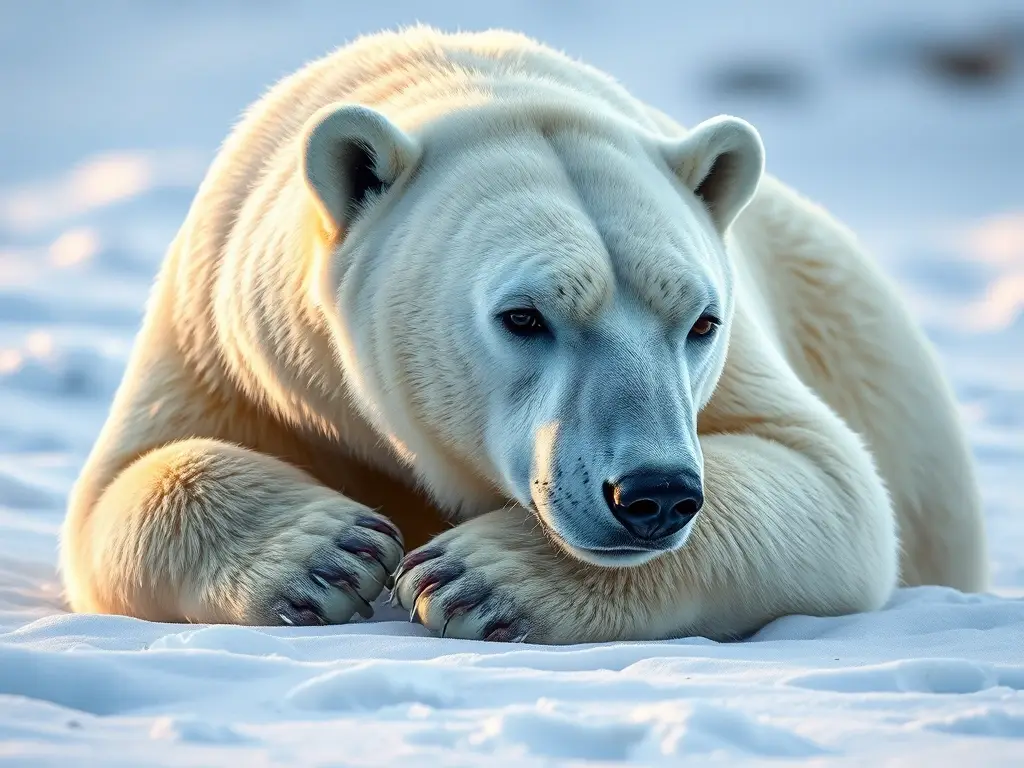 Fotografía realista de un oso polar descansando en un paisaje nevada