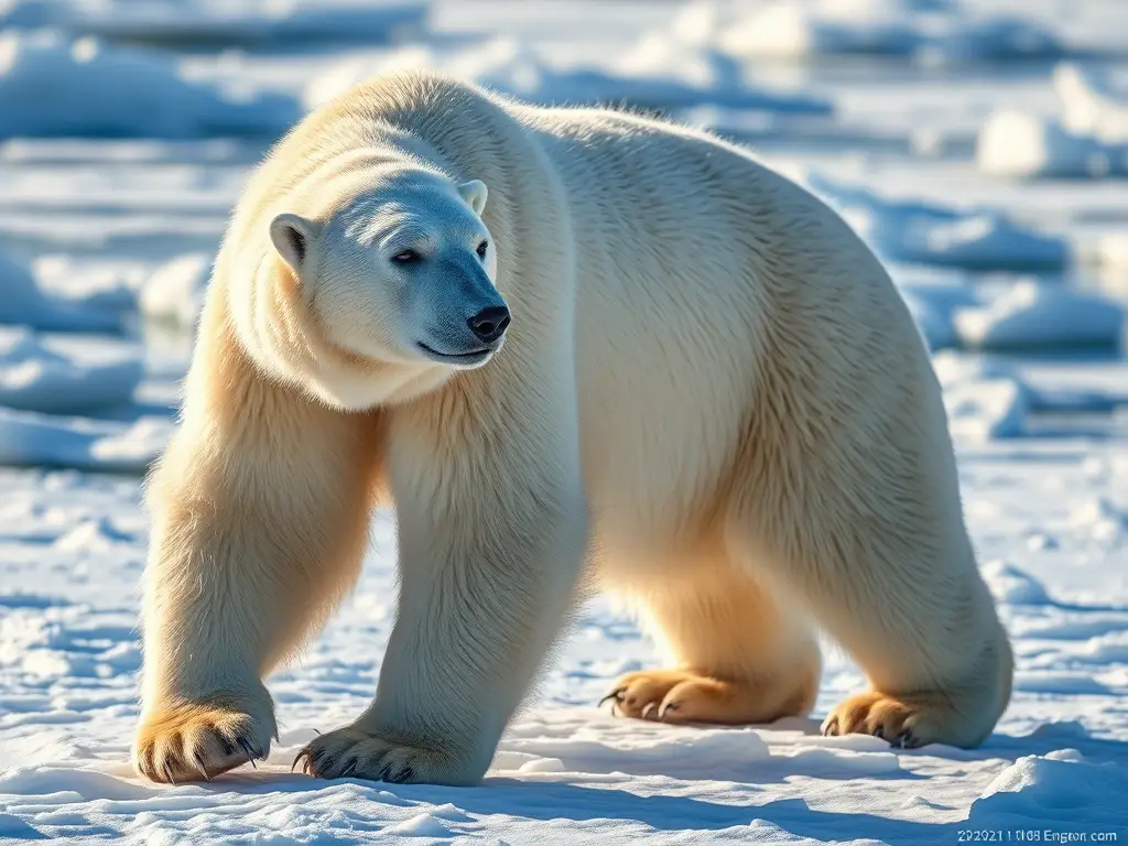 Photorealistic image of a polar bear gazing at the horizon