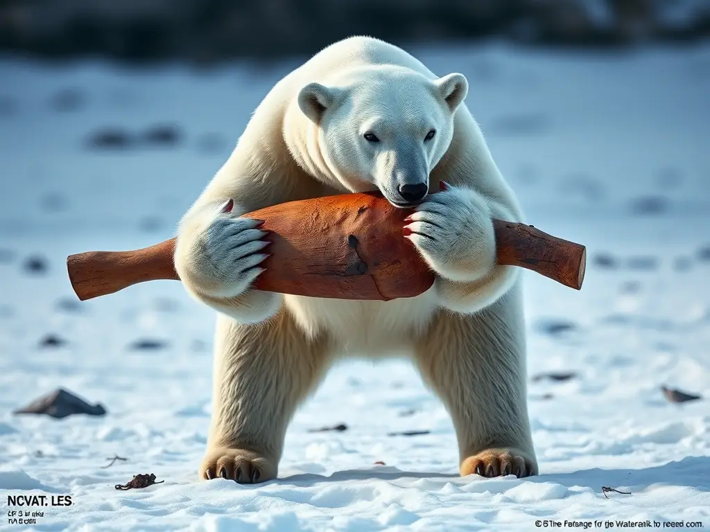 Imagen realista de un polar bear cargando un tronco en nieve