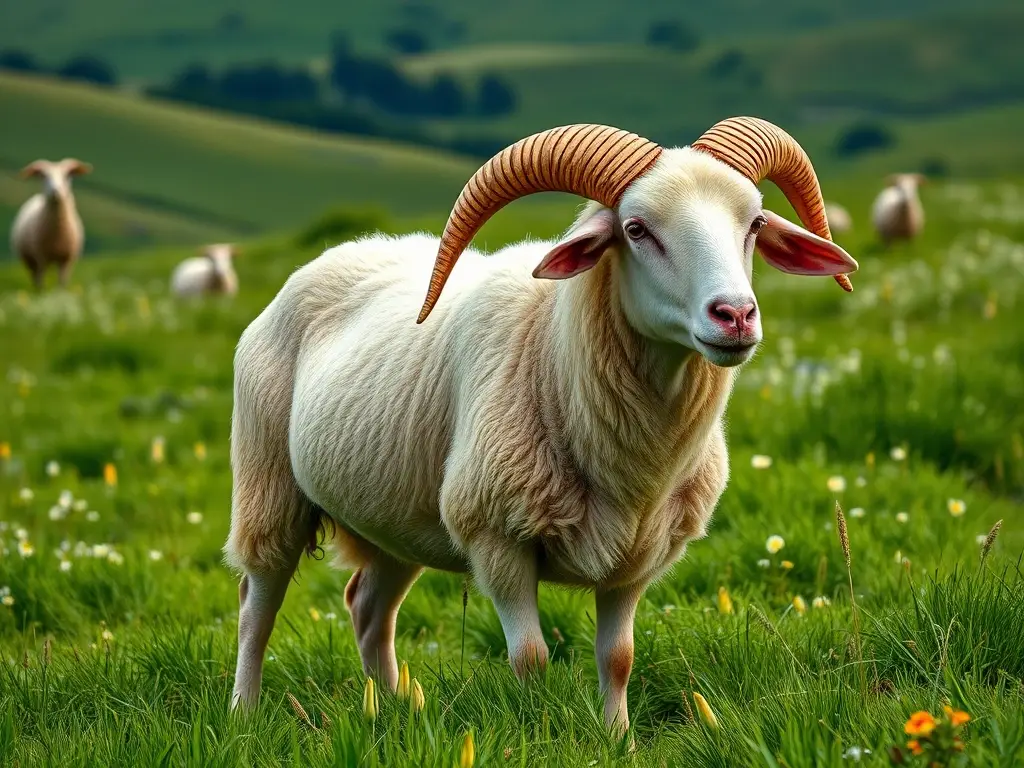 Imagen fotorealista de oveja con cuernos y barba en pasto, 8k, enfoque nítido