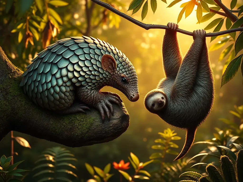 Pangolín y perezoso bajo luz tropical