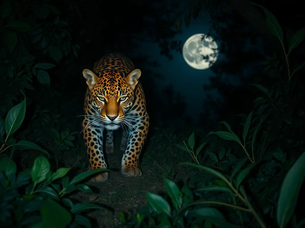 Fotorealista de un jaguar en la noche con detalles precisos