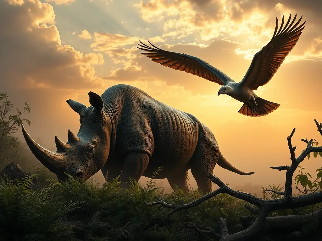 Paraceratherium, pichón y pterodáctilo en amanecer épico
