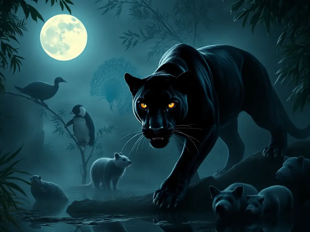 Pantera negra merodea selva bajo luna