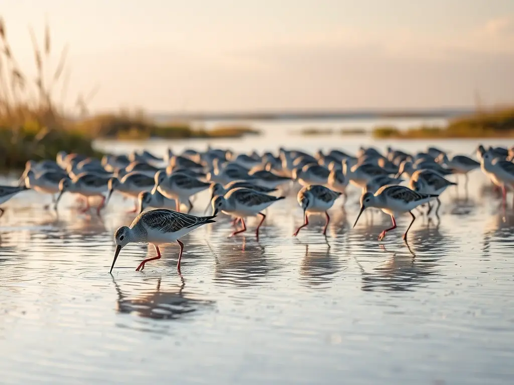 Bandada de aves costeras en aguas cristalinas