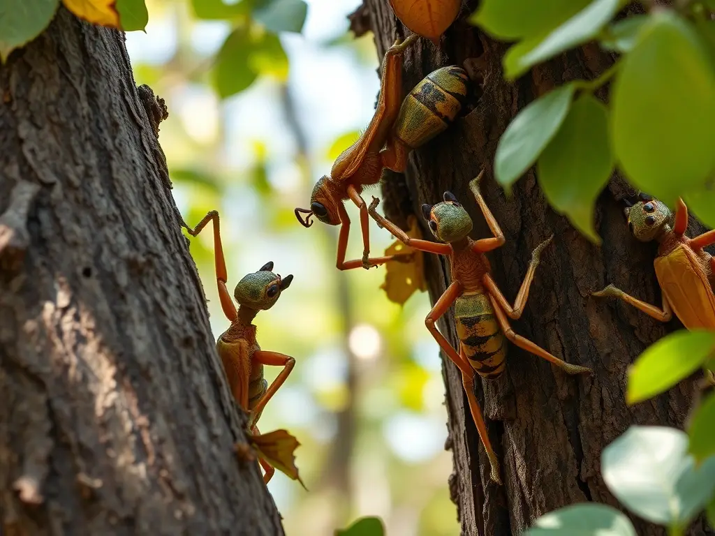 Fotografía realista de Picoguada y Trepatroncos buscando insectos en un árbol grande
