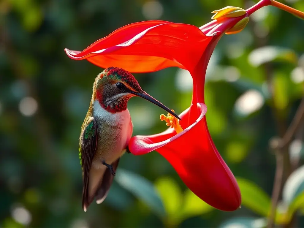 Colibrí realista vibra sobre flor roja