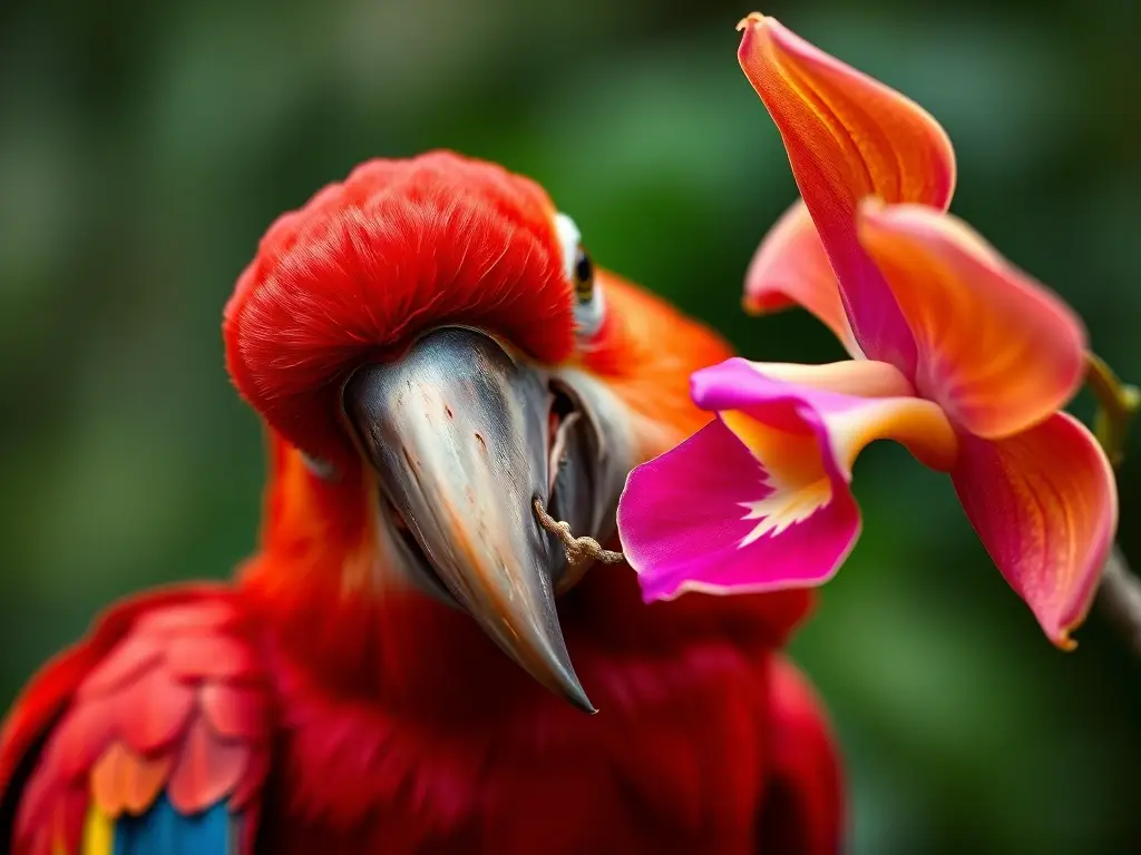 Un retrato fotorealista de un macaw rojo con una exquisita orquídea