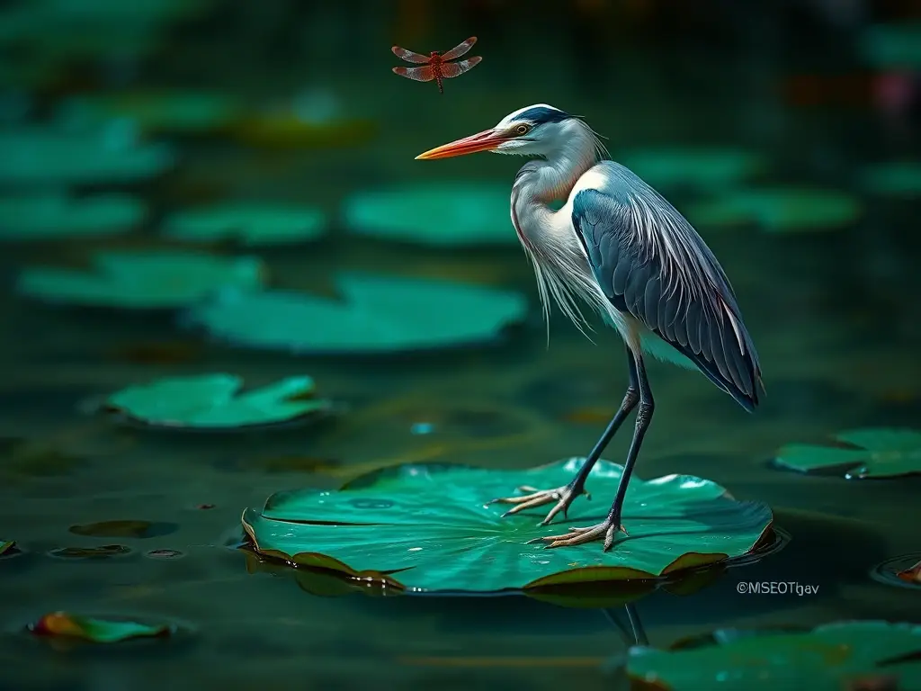 Fotografía de un heron con plumaje real, en un huerto luminoso