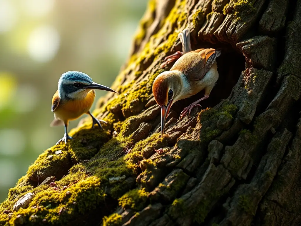 Dos aves pequeñas exploran corteza musgosa