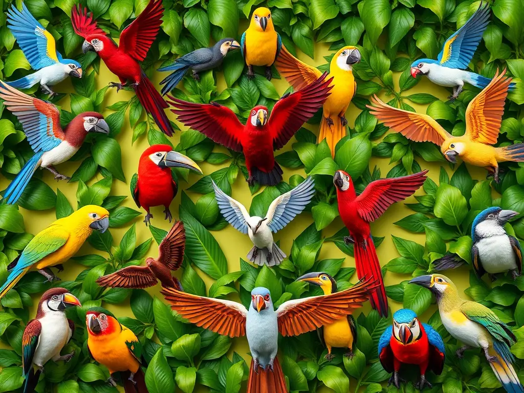 Imagen de pájaros sudamericanos en un patrón colorido y vibrante