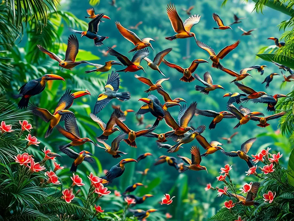 Un impresionante retrato de aves realistas en un bosque tropical