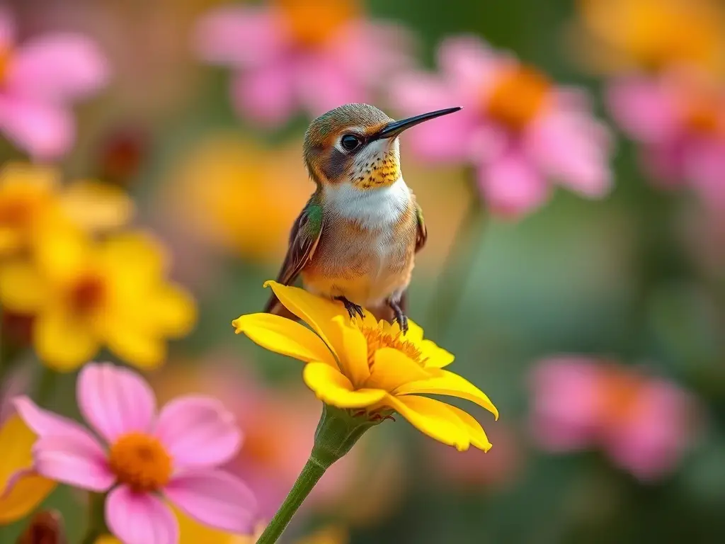 Imagen fotográfica de un colibrí bebé en una flor, detalladamente realista