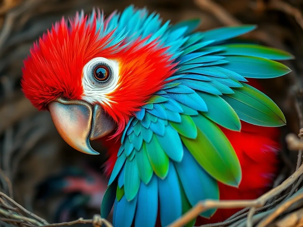 Imagen realística de un polluelo de macaw rojo-azul en su nido, con detalles precisos