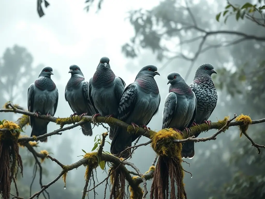 Palomas en peligro sobre ramas del bosque