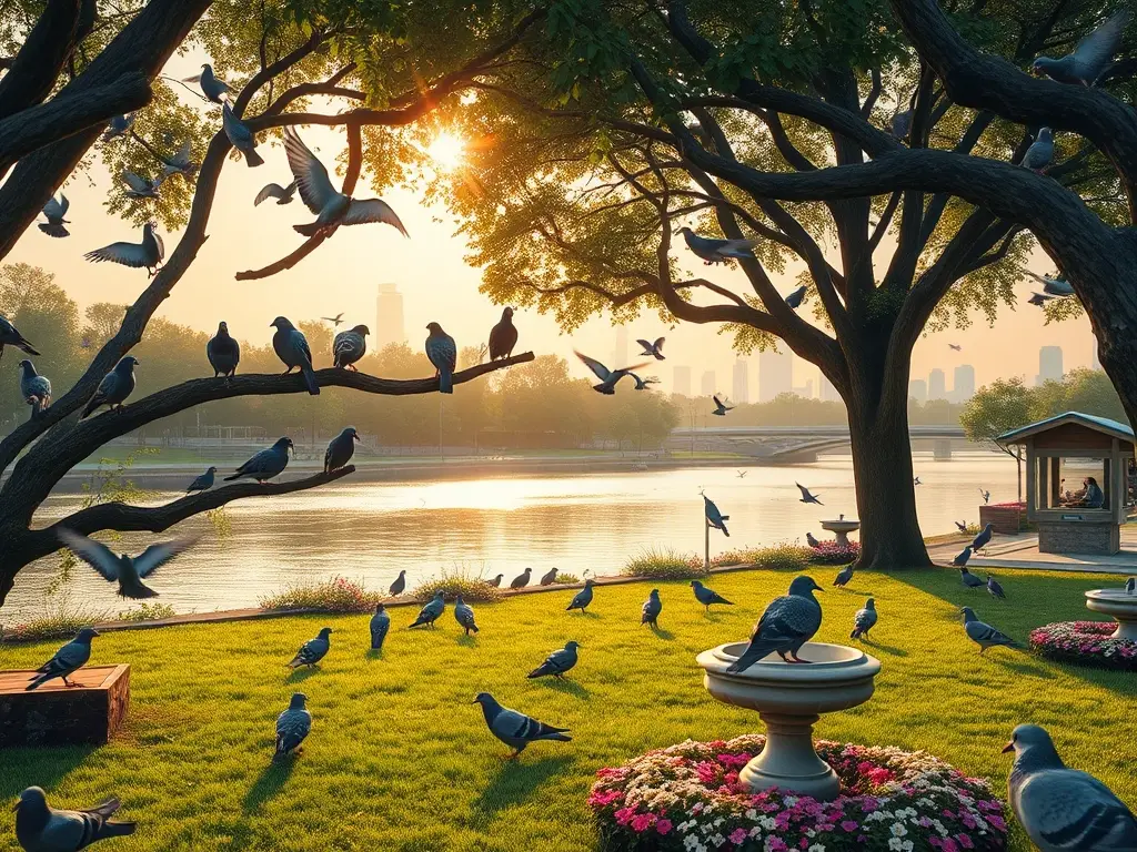 Ilustración fotorrealista de parque urbano con palomas