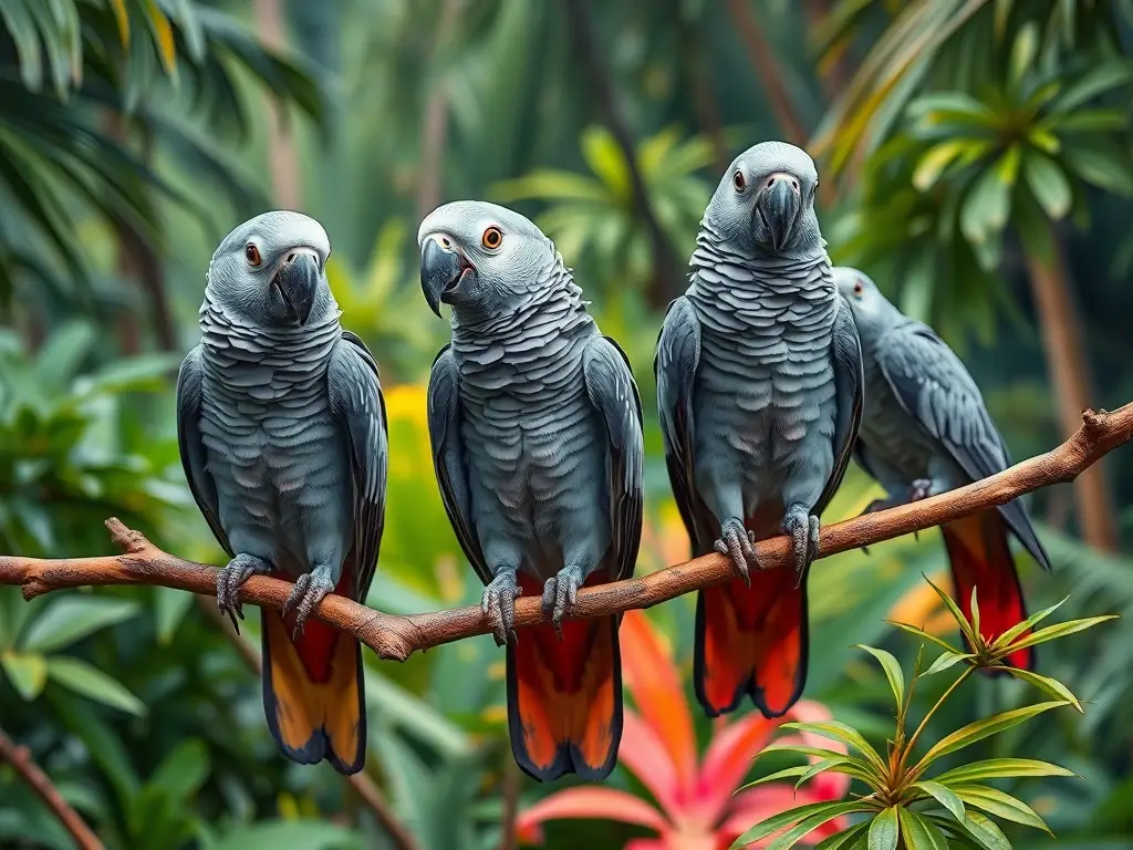 Fotorealista de un grupo de loros de gris africano en un bosque tropical vibrante
