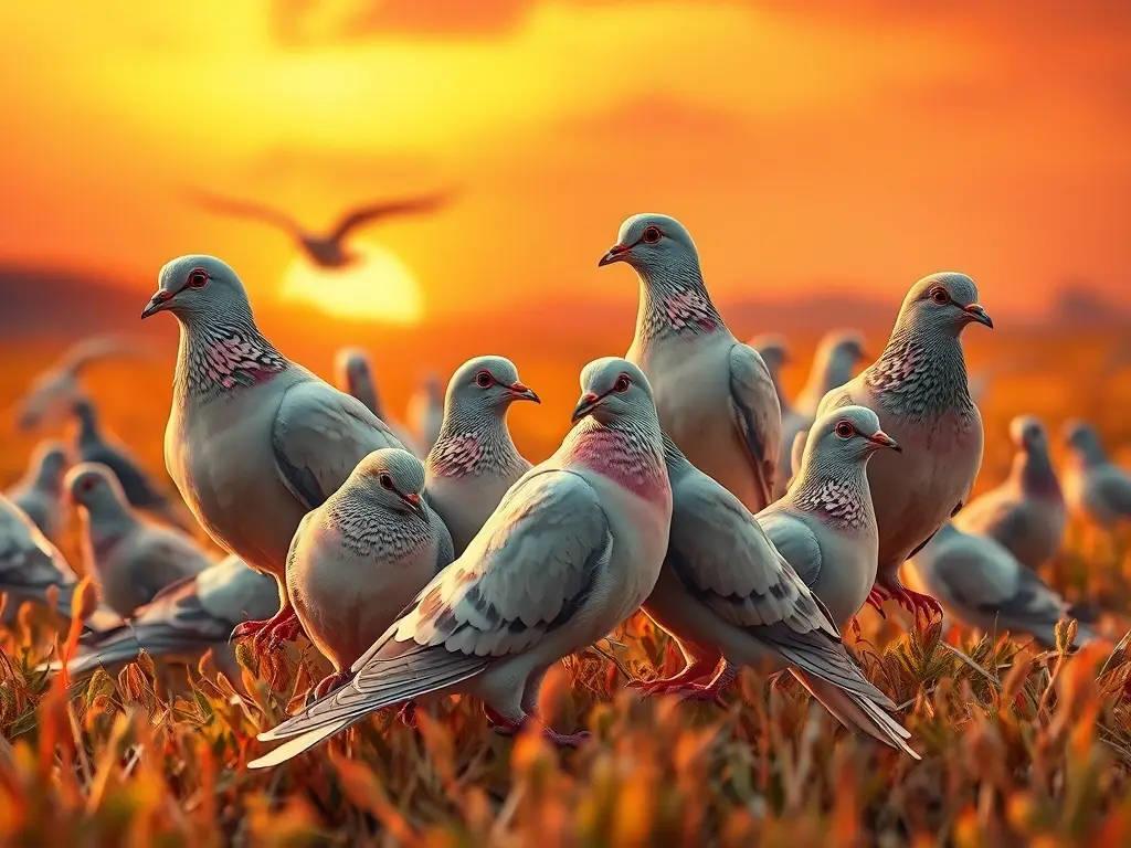 Arte realista de una colección de palomas en peligro en un atardecer