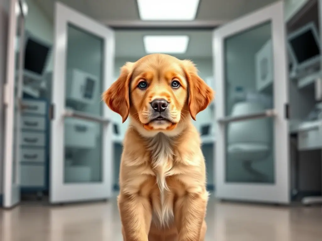 Foto de cachorro golden retriever realista en una clínica veterinaria