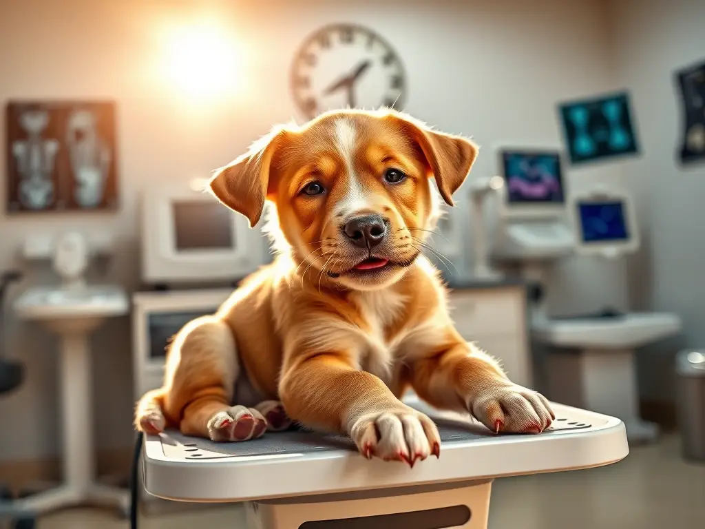 Un cachorro juguetón y saludable interactúa con un veterinario en una veterinaria moderna