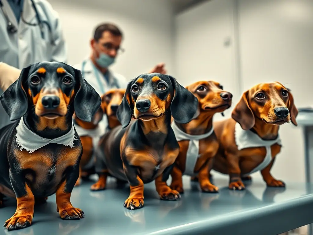 Foto realista de cachorros dachshund con vendajes con expresión de angustia veterinaria
