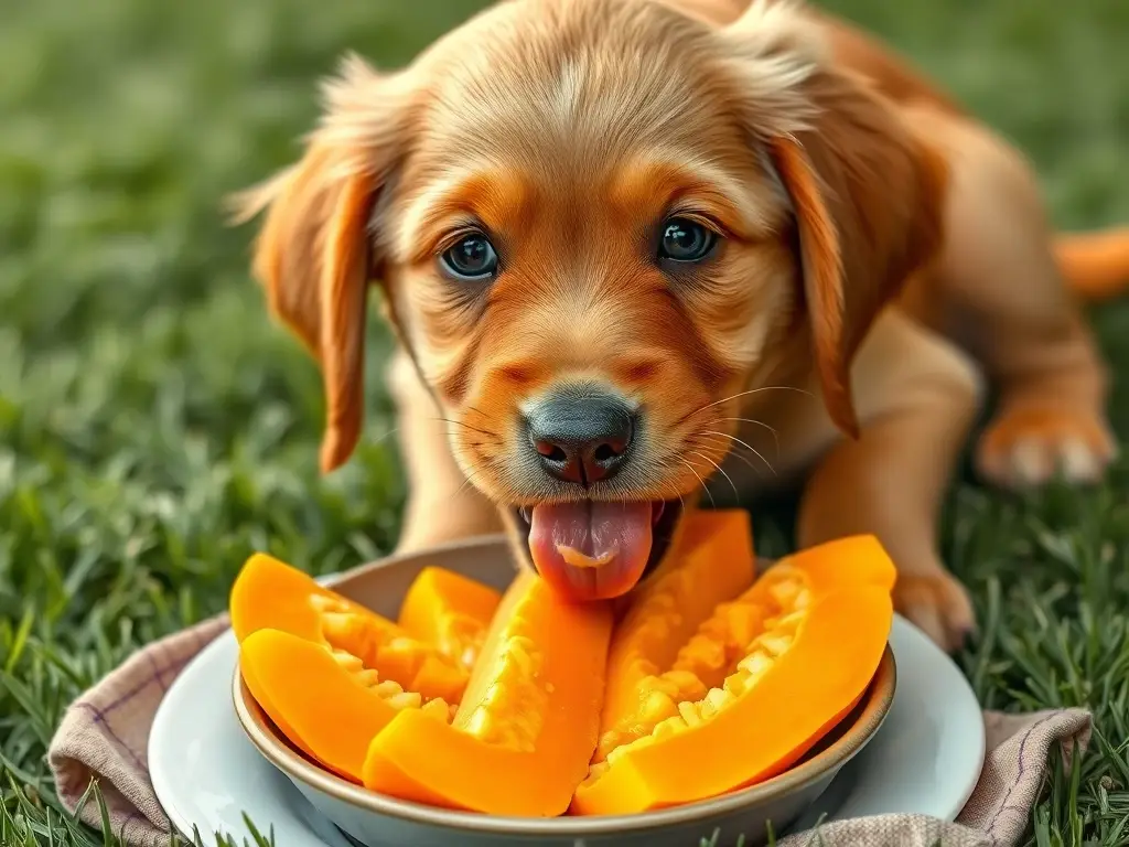 Un cachorro feliz come papaya con alegría
