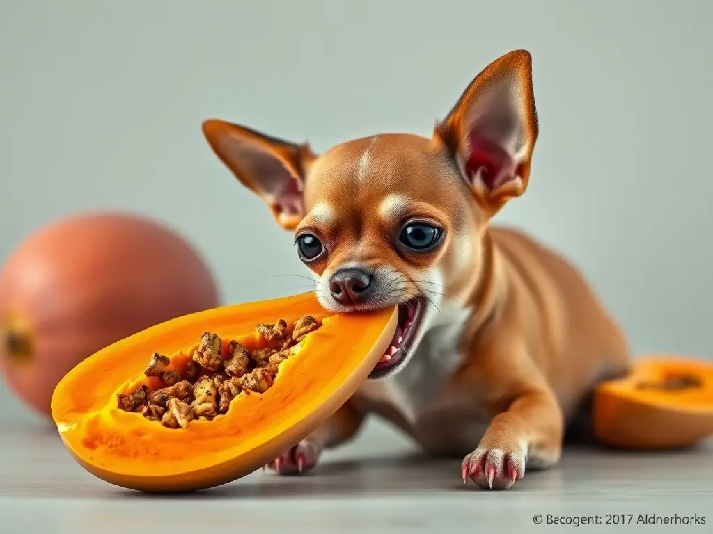 Imagen realista de un chihuahua comiendo papaya