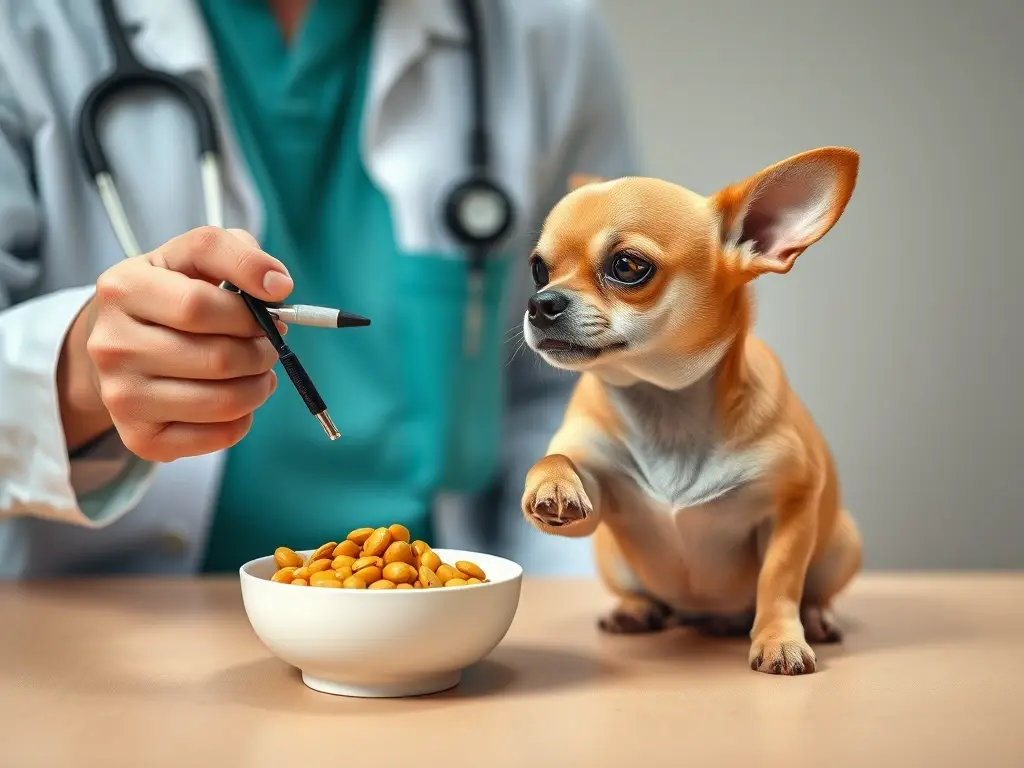 Una fotografía realista de un veterinario examinando a un chihuahua confundido