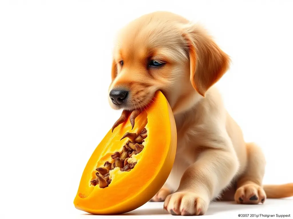 Un cachorro de retriever dorado feliz masticando papaya en un fondo blanco, 8k