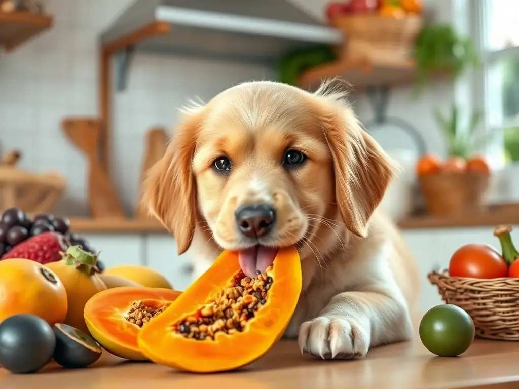 Un Golden Retriever juguetón bebe de una papaya con un look feliz