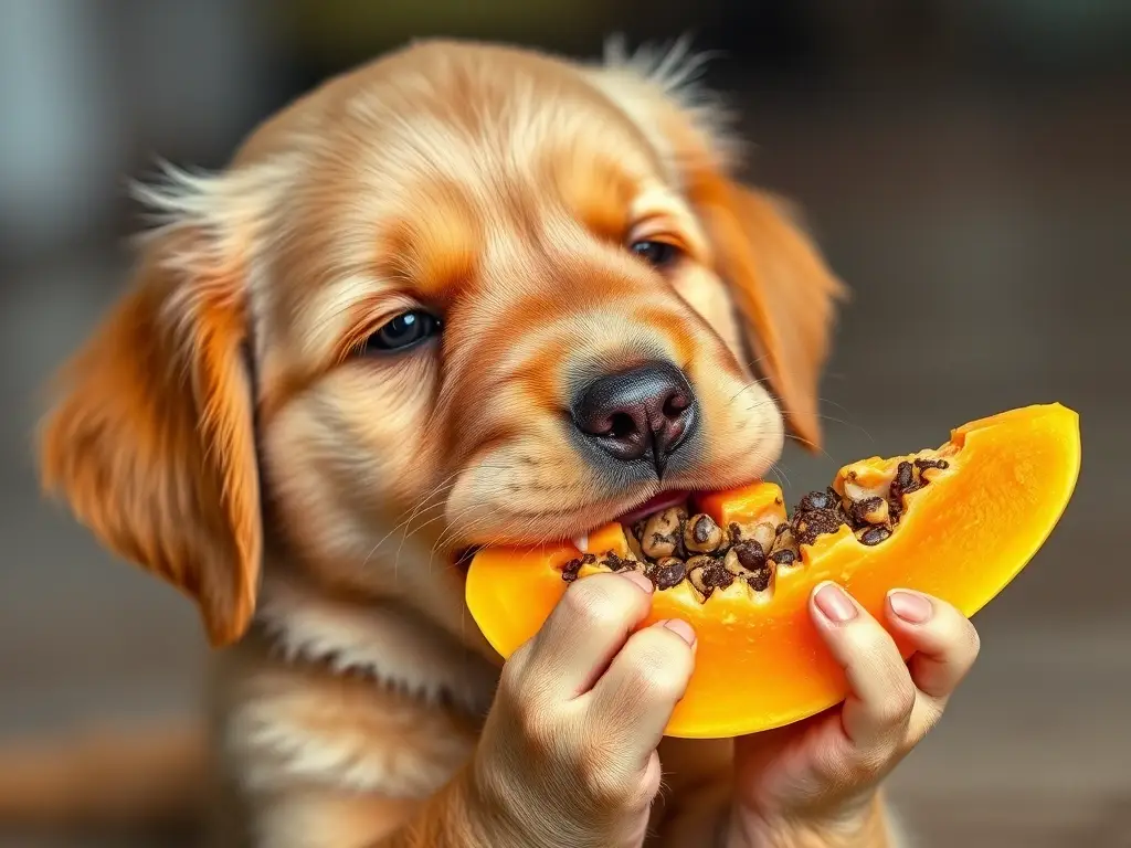 Fotografía realista de un cachorro de labrador masticando una roda de papaya