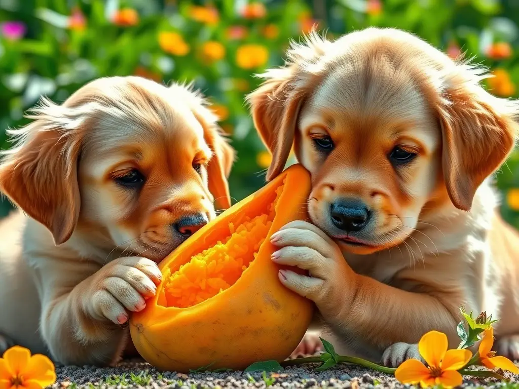Dos cachorros golden Retriever tocan una papaya