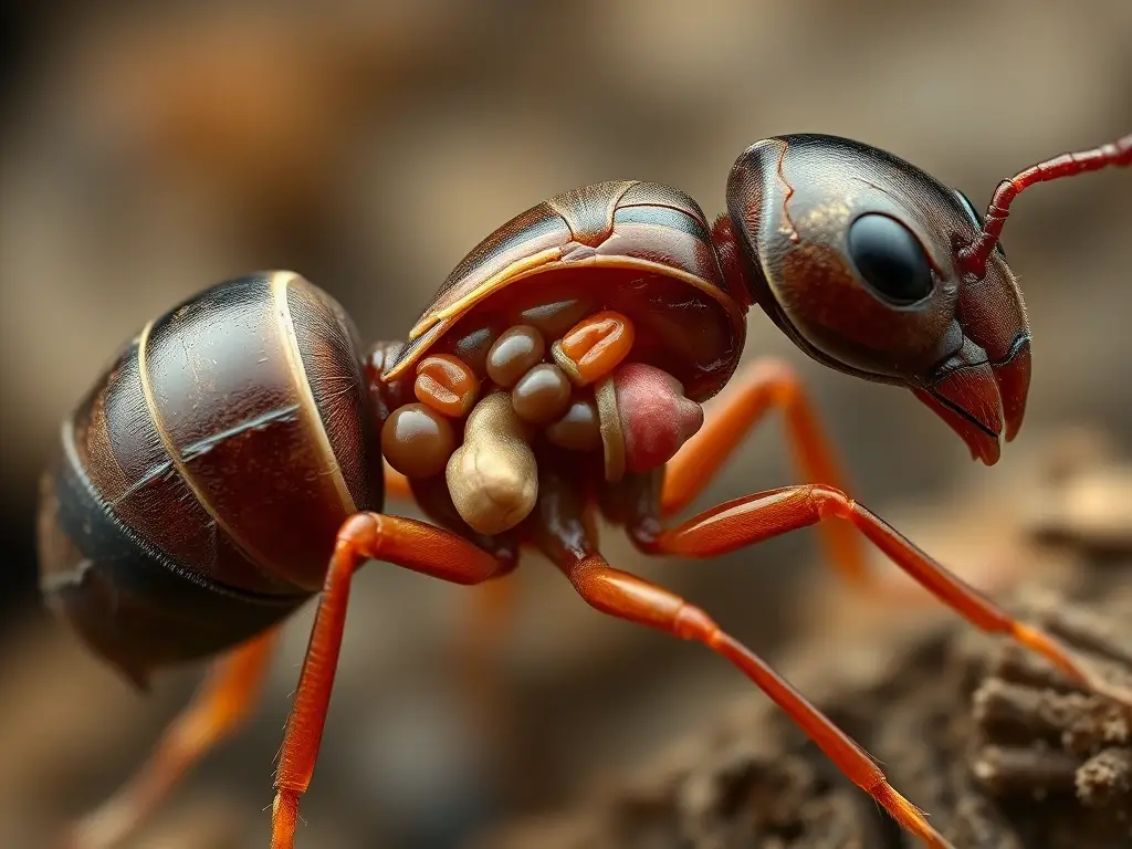 Imagen de alto detalle, realista, del sistema digestivo de una hormiga carpintera