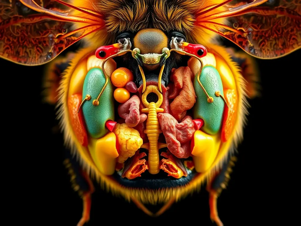 Illustration detallada de abdomen de abeja con enfoque en digestión, reproducción y comunicación